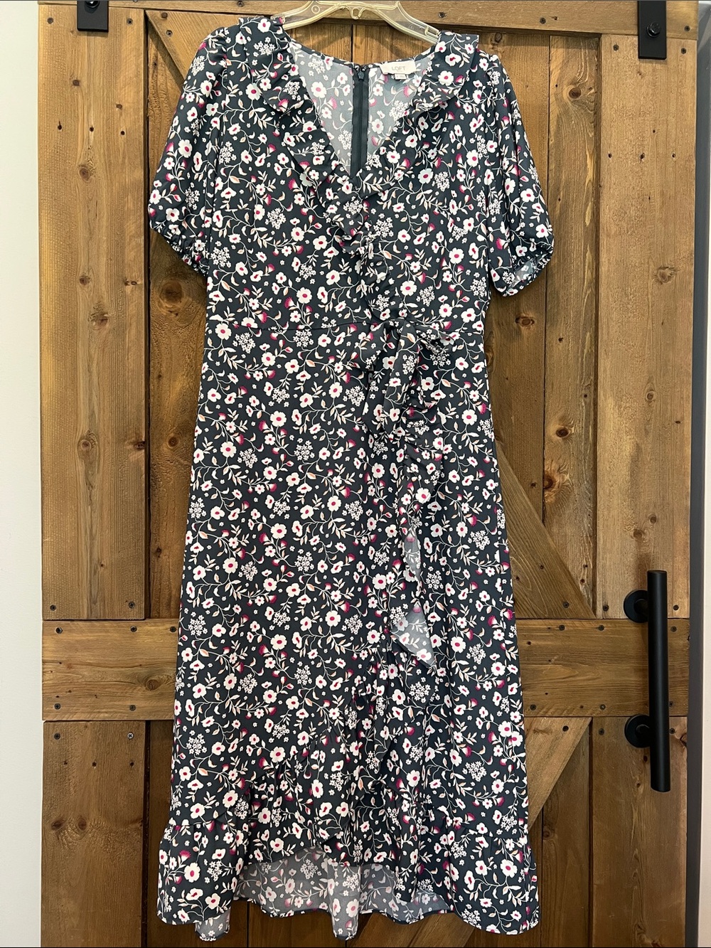 LOFT Outlet Floral Wrap Midi Dress in Gray with Pink & White Blossoms